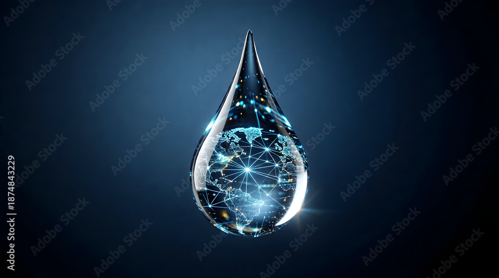 Fototapeta premium Glowing data network inside a single droplet - abstract AI and fluid intelligence concept
