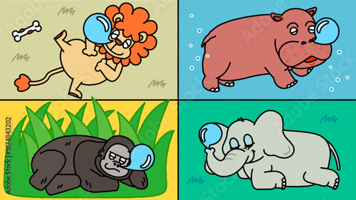 眠っている動物たちのかわいいイラスト（4分割）