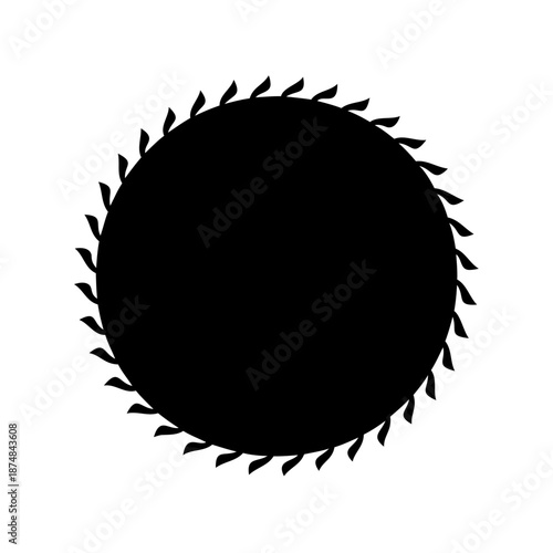 Black circular shape with leaflike protrusions around the perimeter in monochrome