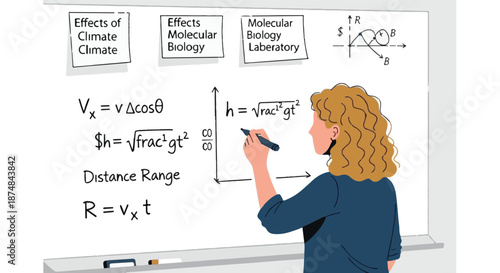Woman in a blue top writing physics equations on a whiteboard in a science lab