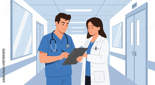 Medical team collaboration in a hospital corridor two doctors, one in scrubs and one in a lab coat, review patient data on a clipboard