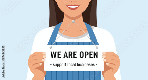 Vibrant illustration of a cheerful entrepreneur holding an 'We Are Open' sign, encouraging community support for local businesses and economic recovery