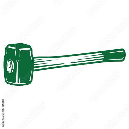 Green sledgehammer with long handle on white background  heavy tool for breaking and demolition work