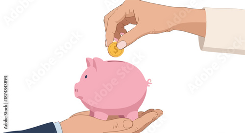 Saving money and investing for financial growth, with a hand inserting a coin into a piggy bank held by another person, symbolizing financial planning and wealth accumulation