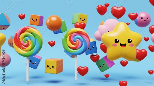 Cartoon candy and shapes floating in a vibrant blue scene