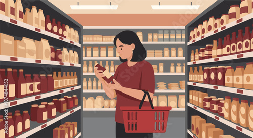 Thoughtful woman browsing products on supermarket shelves, carefully selecting groceries and making purchasing decisions with her shopping basket in a retail store