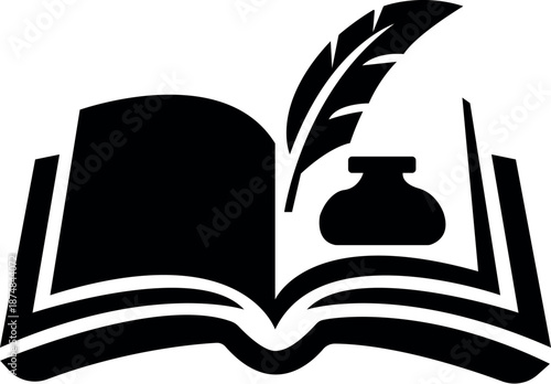 Open book with quill pen and inkwell silhouette vector illustration isolated transparent