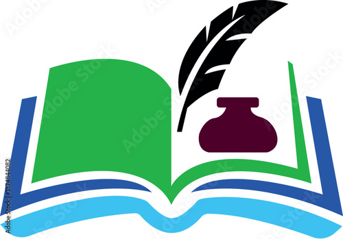 Open book with quill pen and inkwell vector illustration isolated on transparent background