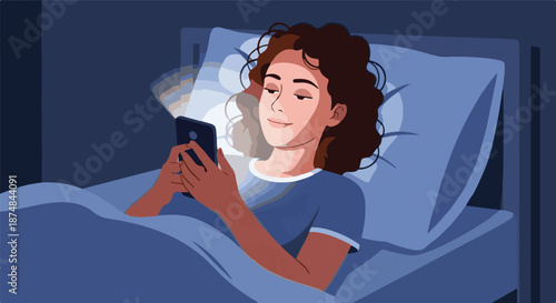 A young woman with curly hair smiles while using her mobile phone late at night, light from the device glowing on her face as she lies in bed, illustrating modern bedtime habits and screen time