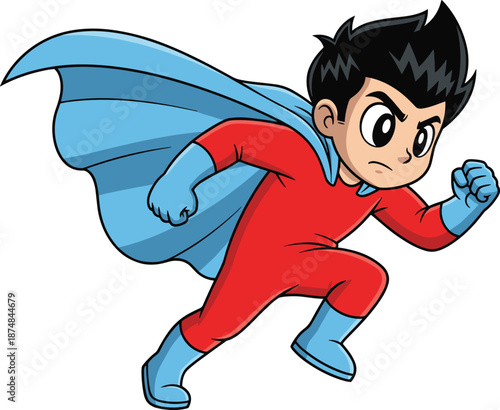 Cute young boy superhero running in red suit with blue cape, brave child character, comic book style vector cartoon illustration