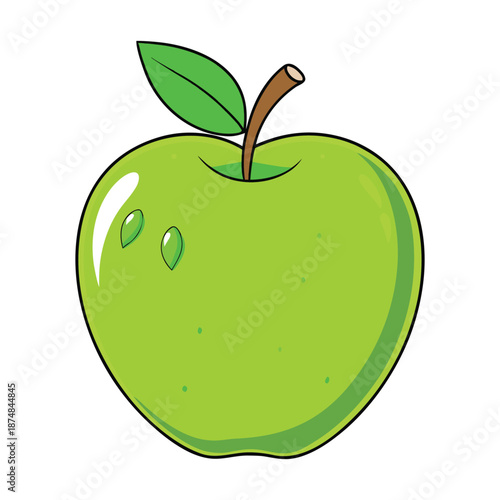 A big, shiny green apple with smooth skin and crisp curves, glowing with fresh highlights, symbolizing freshness, health, and juicy sweetness.
