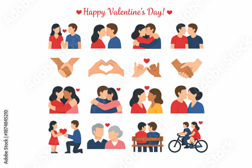 Happy Valentine’s Day Flat Icon Collection with Couples and Affection Gestures