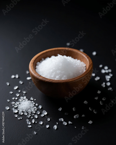 Coarse Sea Salt Crystals in Wooden Bowl on Dark Background, Natural Food Ingredient