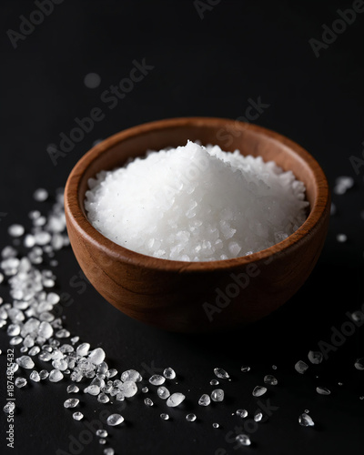Coarse Sea Salt Crystals in Wooden Bowl on Dark Background, Natural Food Ingredient