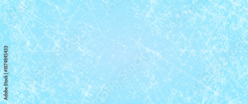 Scratched ice surface texture. Blue ice background with skate traces, cracks, scratches. Rough winter sport rink backdrop. Frozen lake or pond water wallpaper with dots, spot and lines. Eps10