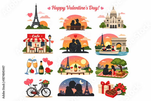 Happy Valentine’s Day Romantic Travel Flat Icon Set with Paris Landmarks and Cafes