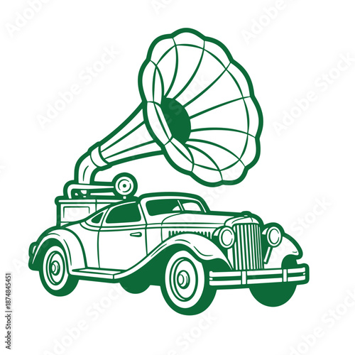 Vintage car with gramophone on top  antique vehicle and music player  nostalgic illustration
