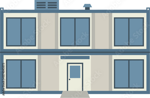 Flat vector illustration of a two-story modular container building with blue trim and large windows.
