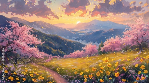 Mountain Flower Sea Twilight Dreamy Scene
