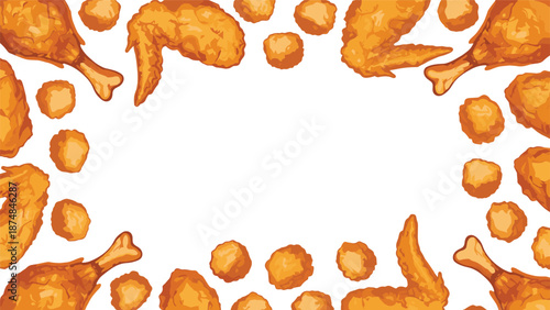 Border frame composed of various pieces of crispy golden fried chicken including wings and drumsticks around a central white space.