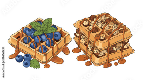 Two delicious belgian waffles featuring different toppings including fresh blueberries with mint and mixed nuts with chocolate drizzle.