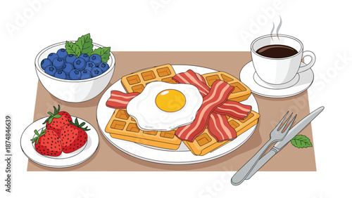 Complete breakfast spread featuring waffles topped with a fried egg and bacon, fresh berries, and a steaming cup of black coffee.