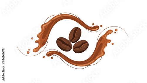 Dynamic illustration of three roasted coffee beans surrounded by artistic swirls and splashes of dark liquid coffee on a white background.