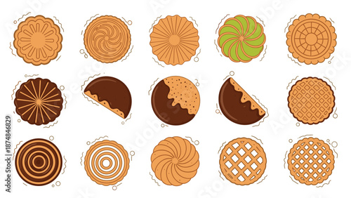 Diverse collection of fifteen different round cookies and biscuits with various patterns and chocolate coatings on a white background.