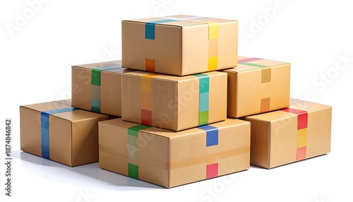 Seven stacked rectangular containers made from cardboard, secured with colorful tape, against a plain white background, ready for shipping