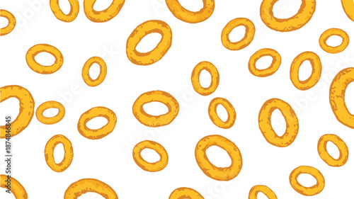 Golden crispy onion rings scattered randomly across a clean white background creating a simple and appetizing food pattern.