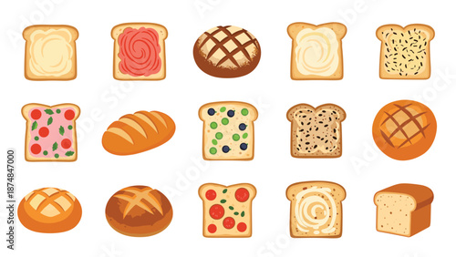 Wide variety of fifteen bread slices and rolls featuring different toppings like jam, butter, seeds, and various baked-in ingredients.