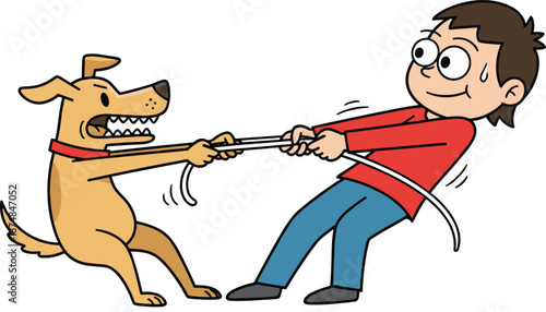 A funny cartoon illustration of a boy and a determined dog fiercely competing in a tug-of-war game with a rope, showing effort and struggle, isolated on a white background