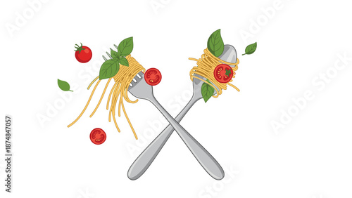 Artistic illustration of two crossed forks twirled with spaghetti pasta, fresh basil leaves, and sliced cherry tomatoes on a white background.