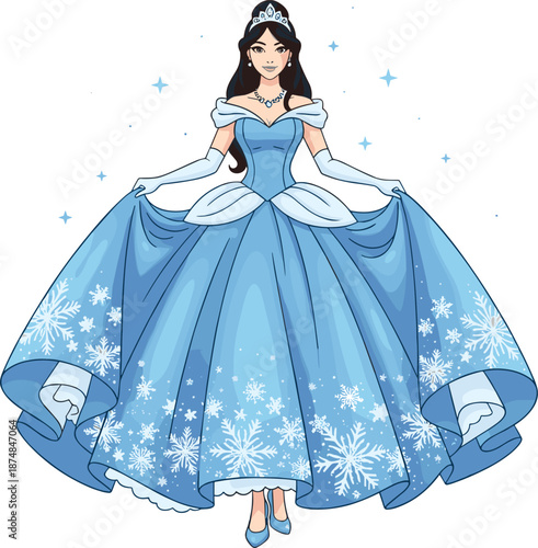 Beautiful princess character wearing an elegant blue ball gown decorated with white snowflakes, holding a full skirt, celebrating a magical winter wonderland event.