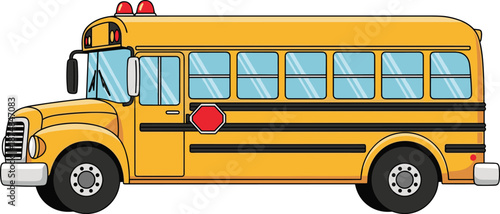 Classic yellow school bus with extended hood, safety stop sign, and flashing red lights, ideal for transportation and back to school design