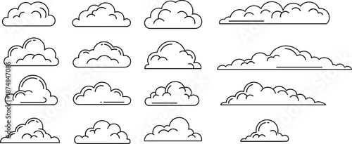 Clouds outline vector set, various shapes of linear doodle weather elements for sky background, forecast, rain, and graphic design resources.