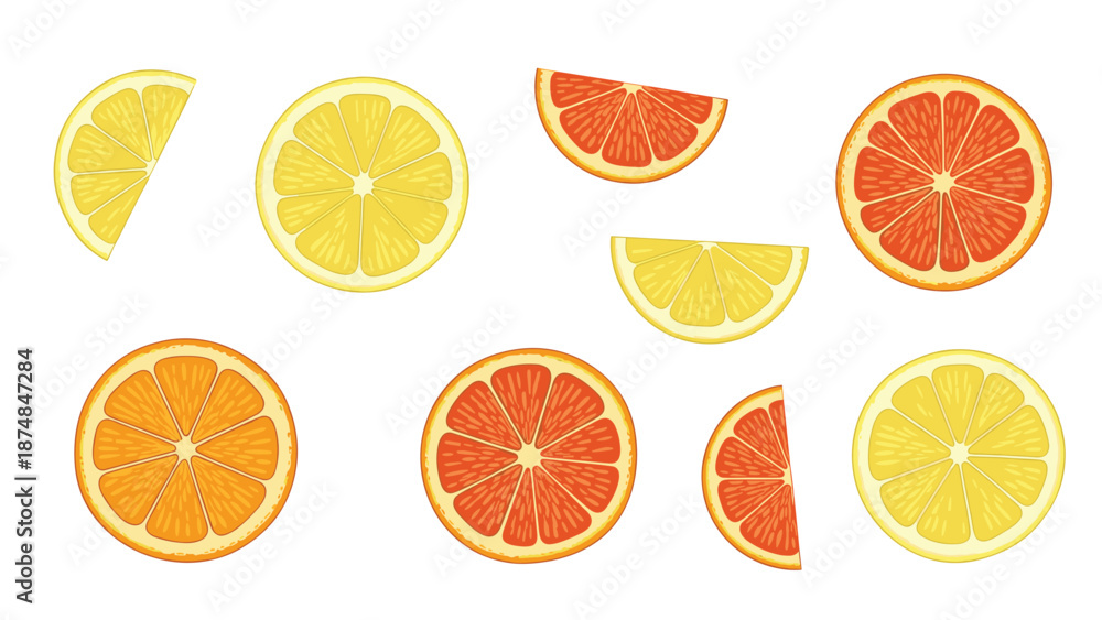 Obraz premium Refreshing collection of various citrus fruit slices including lemon, orange, and grapefruit in whole and half sections on a white background.