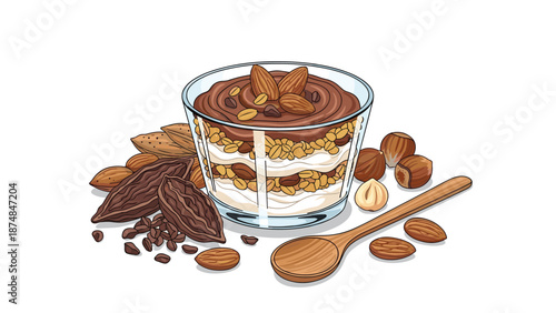 Decadent chocolate yogurt parfait layered with granola and topped with whole almonds, hazelnuts, and dark chocolate chips.