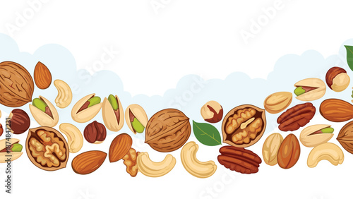 Natural border of assorted whole nuts and seeds including walnuts, almonds, pistachios, cashews, and hazelnuts on a light blue background.