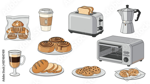 Comprehensive collection of breakfast foods and kitchen appliances including a toaster, oven, coffee maker, and various baked goods.