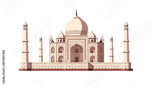 Illustration of the iconic Taj Mahal, a famous landmark building in India with a large central dome and four smaller towers, set against a clean white background.