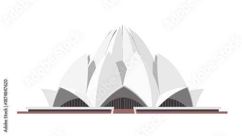The iconic Lotus Temple building in India, a large white marble landmark with a unique flower-like design, set against a clean white background with a shallow depth of field.