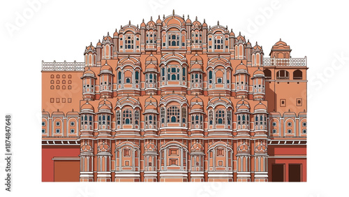The iconic Hawa Mahal landmark building in India, a stunning example of Indian architecture with intricate design and vibrant orange color, standing against a clean white background.