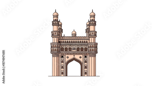Illustration of the iconic landmark, India, known as the Gateway of India or Lanmark building with intricate architecture and towers