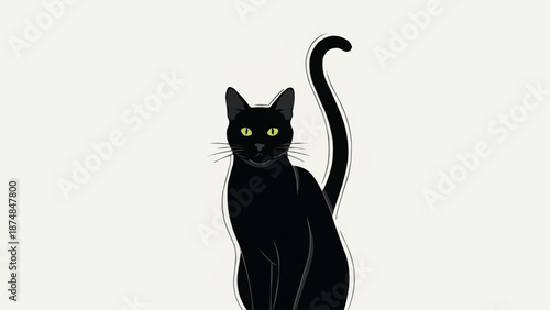 A sleek black cat with bright green eyes sits elegantly.