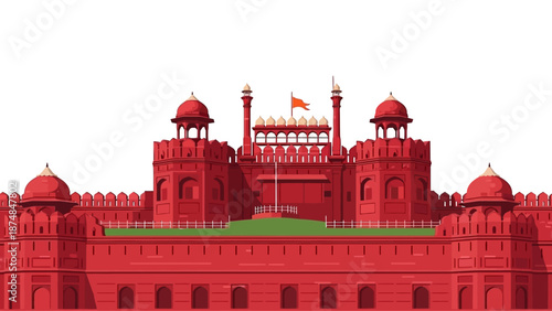 The iconic Red Fort landmark building in India, a historic fortification with distinctive red sandstone walls and domed towers, set against a clear white background.