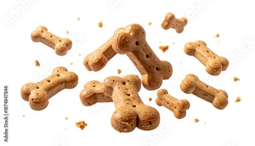 Several bone-shaped dog treats appear to float mid-air on a white background. Small crumbs add to the feel