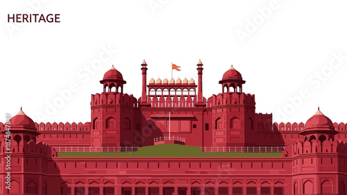Illustration of the iconic Red Fort landmark building in India, showcasing its majestic architecture and historical significance against a clean white background.