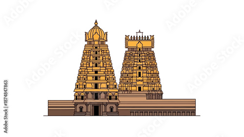 A digital illustration of the iconic landmark Kapaleeswarar Temple in India showcasing intricate Indian architecture with golden towers and brown base against a white background.