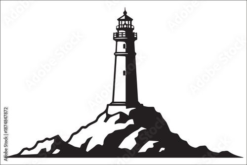 Lighthouse vector icon on rocky cliff. Black and white maritime beacon tower silhouette illustration.
Minimalist lighthouse logo design. Nautical